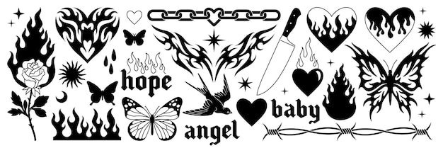 Tattoo art 1990s 2000s Y2k stickers Butterfly barbed wire fire flame chain heart