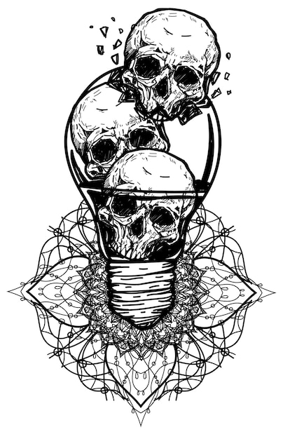 Tattoo art broken light bulb and skull drawing sketch black and white