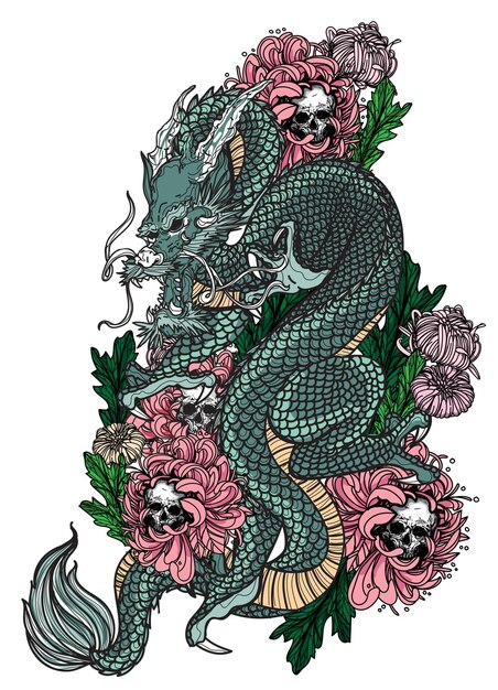 Vector tattoo art dragon and flower hand drawing sketch