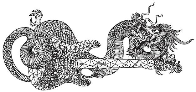 Vector tattoo art dragon and guitar hand drawing and sketch black and white