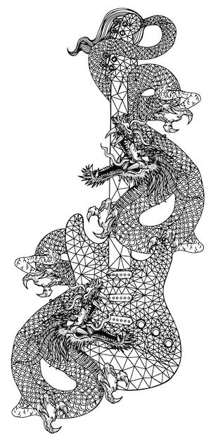 Vector tattoo art dragon wrapped around guitar sketch black and white