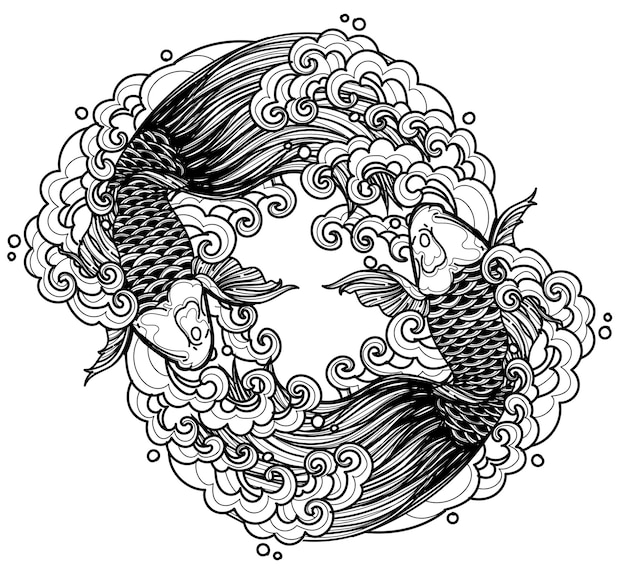 Tattoo art japan fishs design hand drawing and sketch black and white