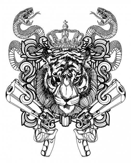 Tattoo art lion and gun hand drawing black and white