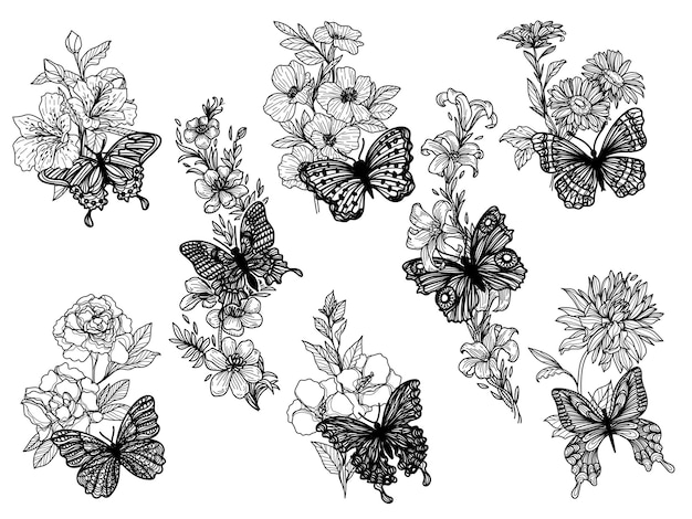 Tattoo art set butterfly and flower sketch black and white