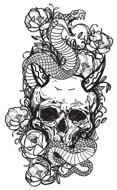 Tattoo art skull and snake sketch black and white