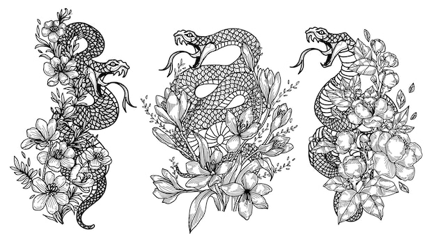 Tattoo art snak and flower drawing and sketch black and white