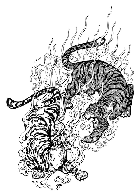 Vector tattoo art tiger fight hand drawing and sketch black and white