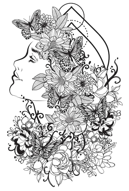 Tattoo art women and flower hand drawing and sketch