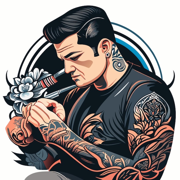 Vector tattoo artist inking a detailed 3d design vector illustration