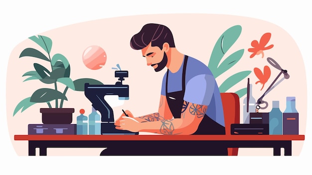 Vector tattoo artist working flat icon professional illustration