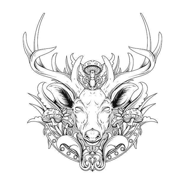 tattoo black and white hand drawn illustration deer with mushroom engraving ornament