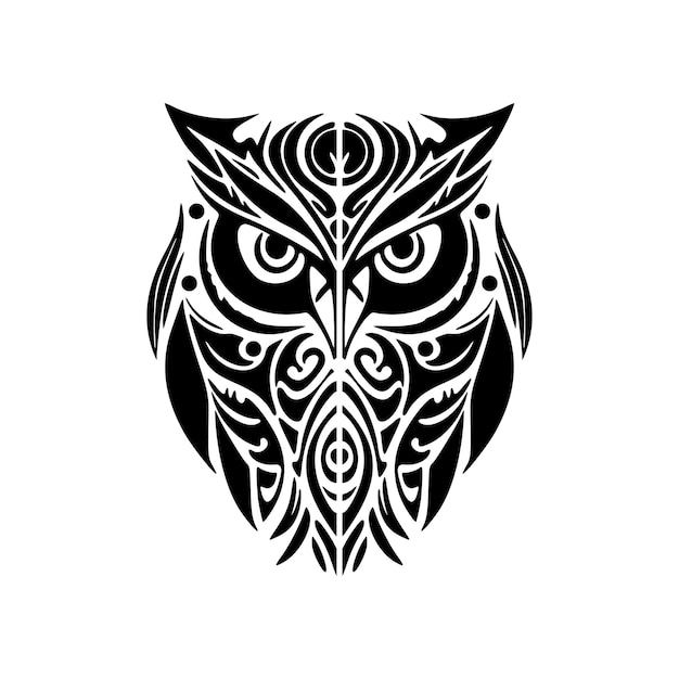 Tattoo of a black and white owl adorned with Polynesian patterns