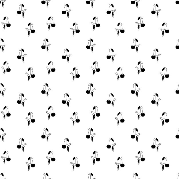 Tattoo cherry with worm pattern in the style of the 90s 2000s Black and white seamless pattern illustration