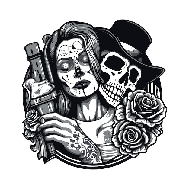 Tattoo design of girl in hat holding lens and skull