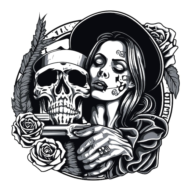 Tattoo design of girl in hat holding skull