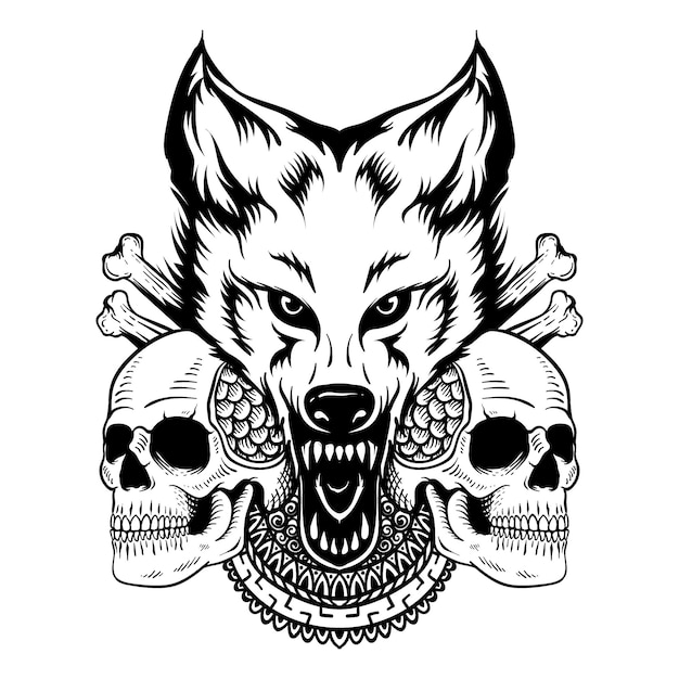 Vector tattoo design hand drawn  skull with wolf and mandala black and white