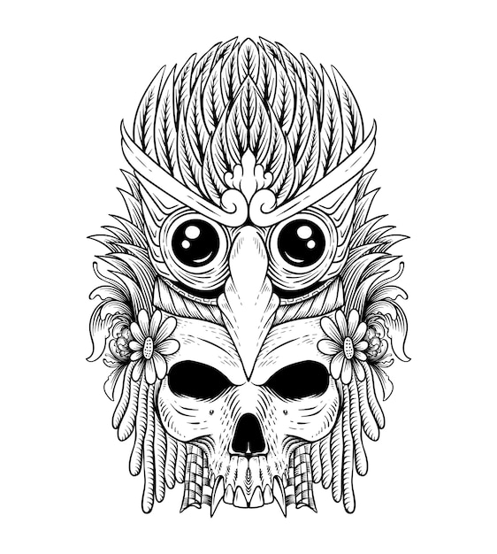 tattoo design skull crown owl line art black and white