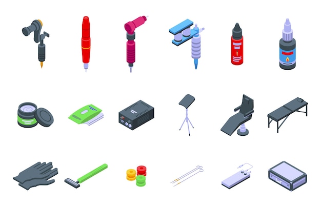 Tattoo equipment icons set isometric vector Needle machine