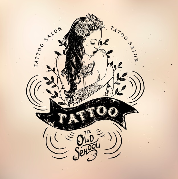 Vector tattoo girl old school studio skull