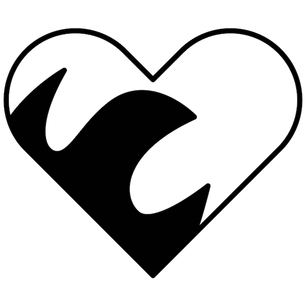 Tattoo heart with flame on the side in the style of the 90s, 2000s. Black and white single object