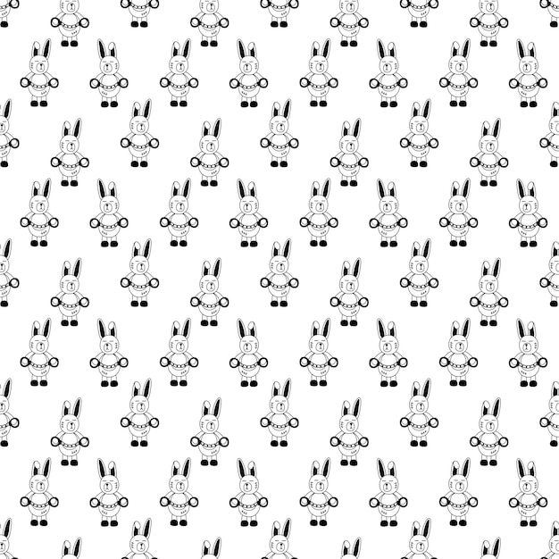 Tattoo rabbit with handcuffs pattern in the style of the 90s 2000s Black and white seamless pattern illustration