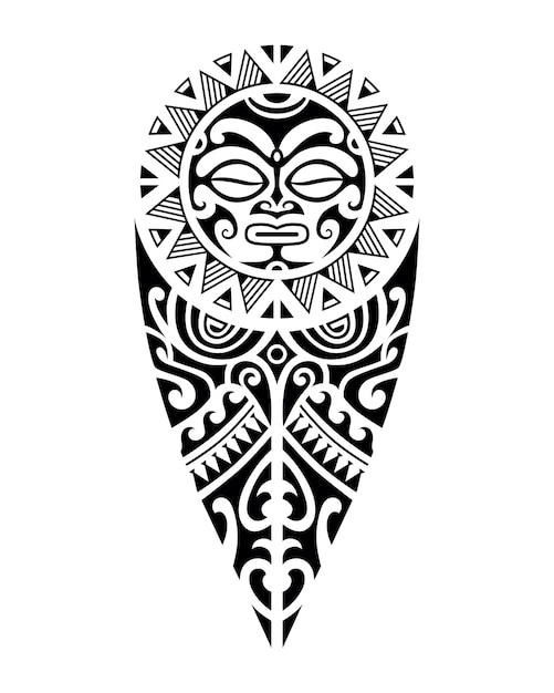 tattoo sketch maori style for leg or shoulder with sun symbols face Black and white