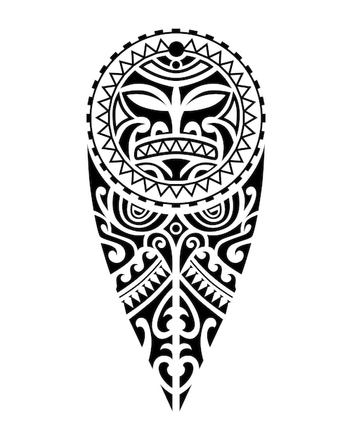 tattoo sketch maori style for leg or shoulder with sun symbols face Black and white