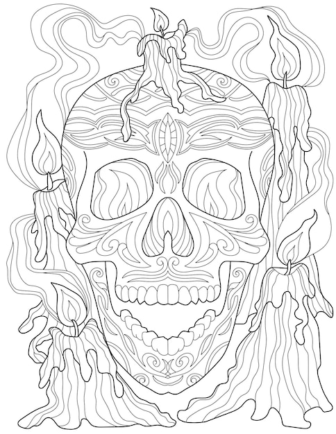 Tattoo Skull Line Drawing Surrounded By Lighted Candles With His Mouth Wide Open. Scary Sceleton Head Drawing Enclosed Burning Torch And Smokey Environment.