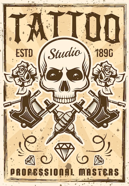 Tattoo studio advertising poster in vintage style illustration