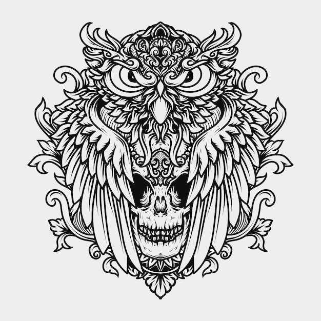 tattoo and t-shirt  black and white hand drawn illustration engraving owl and skull