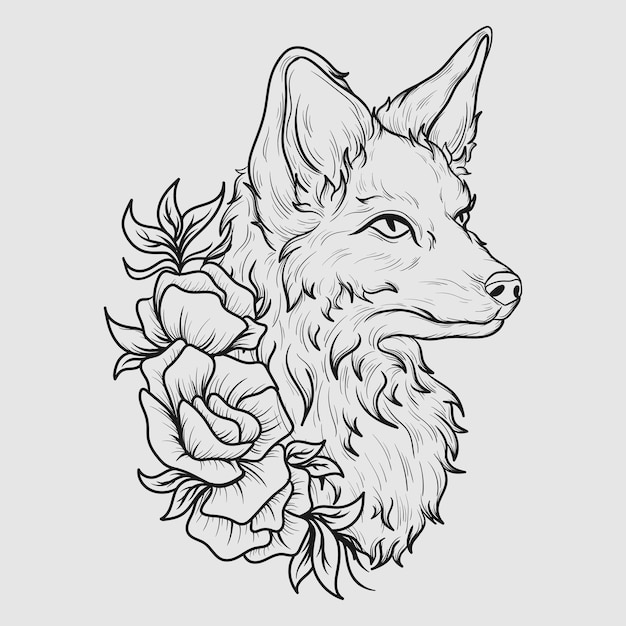 tattoo and t shirt design black and white hand drawn fox and flower