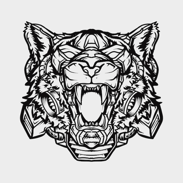 tattoo and t-shirt design black and white hand drawn illustration robot tiger head