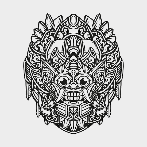 tattoo and t shirt design black and white hand drawn robot barong engraving ornament