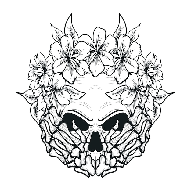 tattoo and t shirt design black and white hand drawn skull and flower engraving ornament