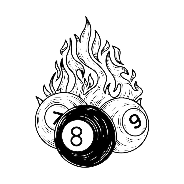 Vector tattoo and tshirt design black and white hand drawn billiard ball on fire premium vector