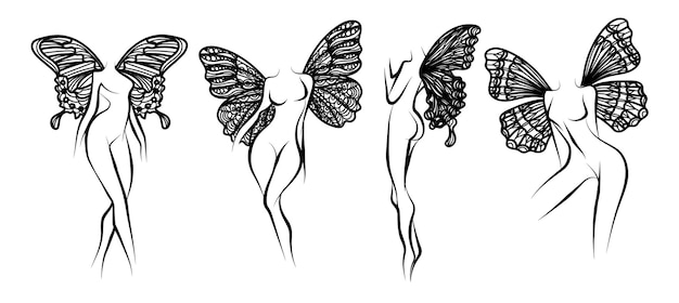 Tattoo woman with butterfly wings hand drawing and sketch black and white