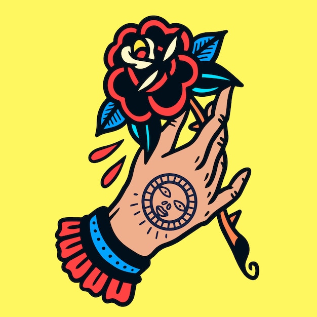 Tattooed Hand with Rose Old School Tattoo Vector