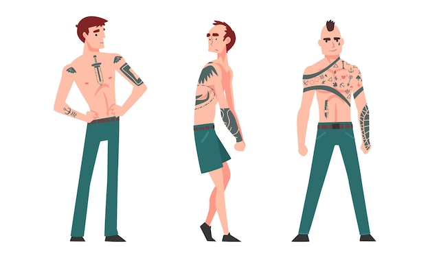 Tattooed or Inked Man in Standing Pose Vector Set