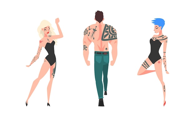 Tattooed or Inked Man and Woman in Standing Pose Vector Set