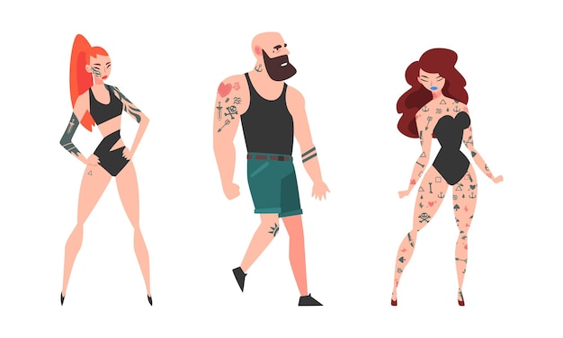 Tattooed or Inked Man and Woman in Standing Pose Vector Set