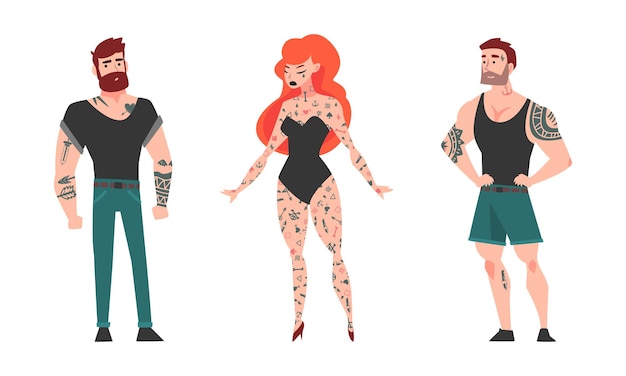 Vector tattooed or inked man and woman in standing pose vector set