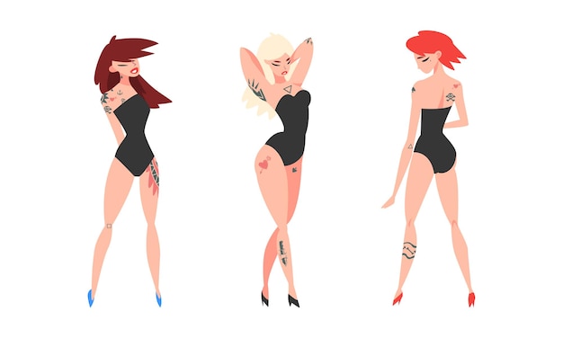 Tattooed or Inked Woman Wearing Swimsuit in Standing Pose Vector Set