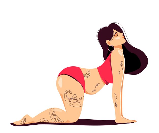 Vector tattooed woman doing yoga in cat cow pose the concept of selfacceptance harmony and body positive