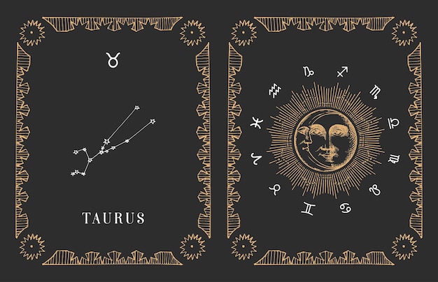 Taurus zodiac constellation old card in vector