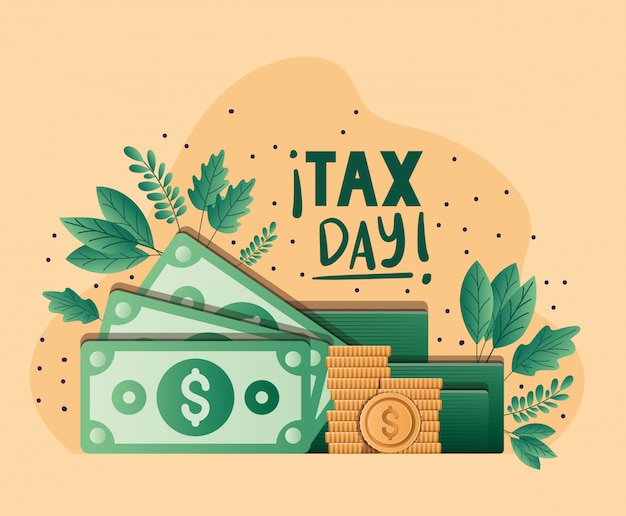 Tax day bills coins and leaves vector design