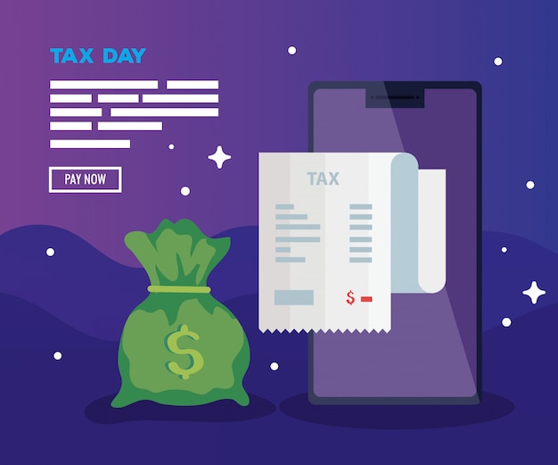 Tax day illustration with smartphone and bag of money