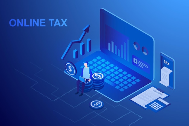 Tax filing concept filling tax form documents online isometric for tax online return and payment