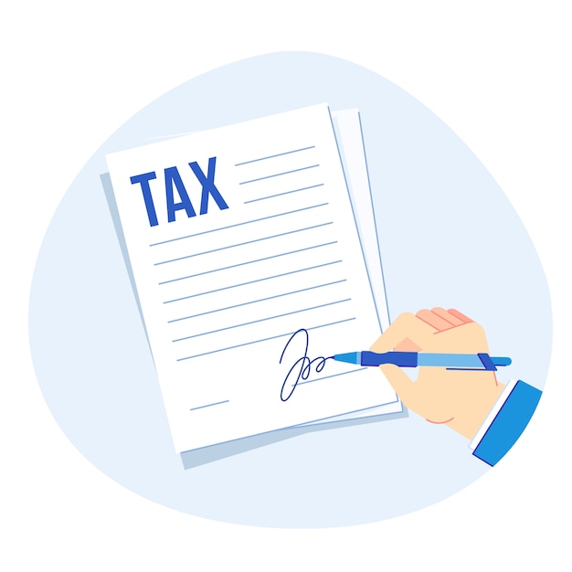 Tax form signing. Corporate taxes report, businesses finance accounting and taxation  illustration