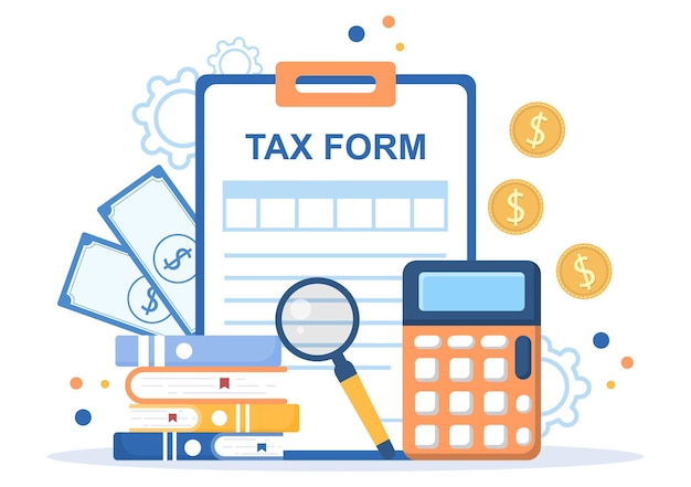 Tax Form of State Government Taxation with Forms Calendar Audit Calculator or Analysis to Accounting and Payment in Flat Background Illustration