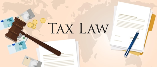 Tax law gavel hammer with money and paper international court of financial dispute revenue income